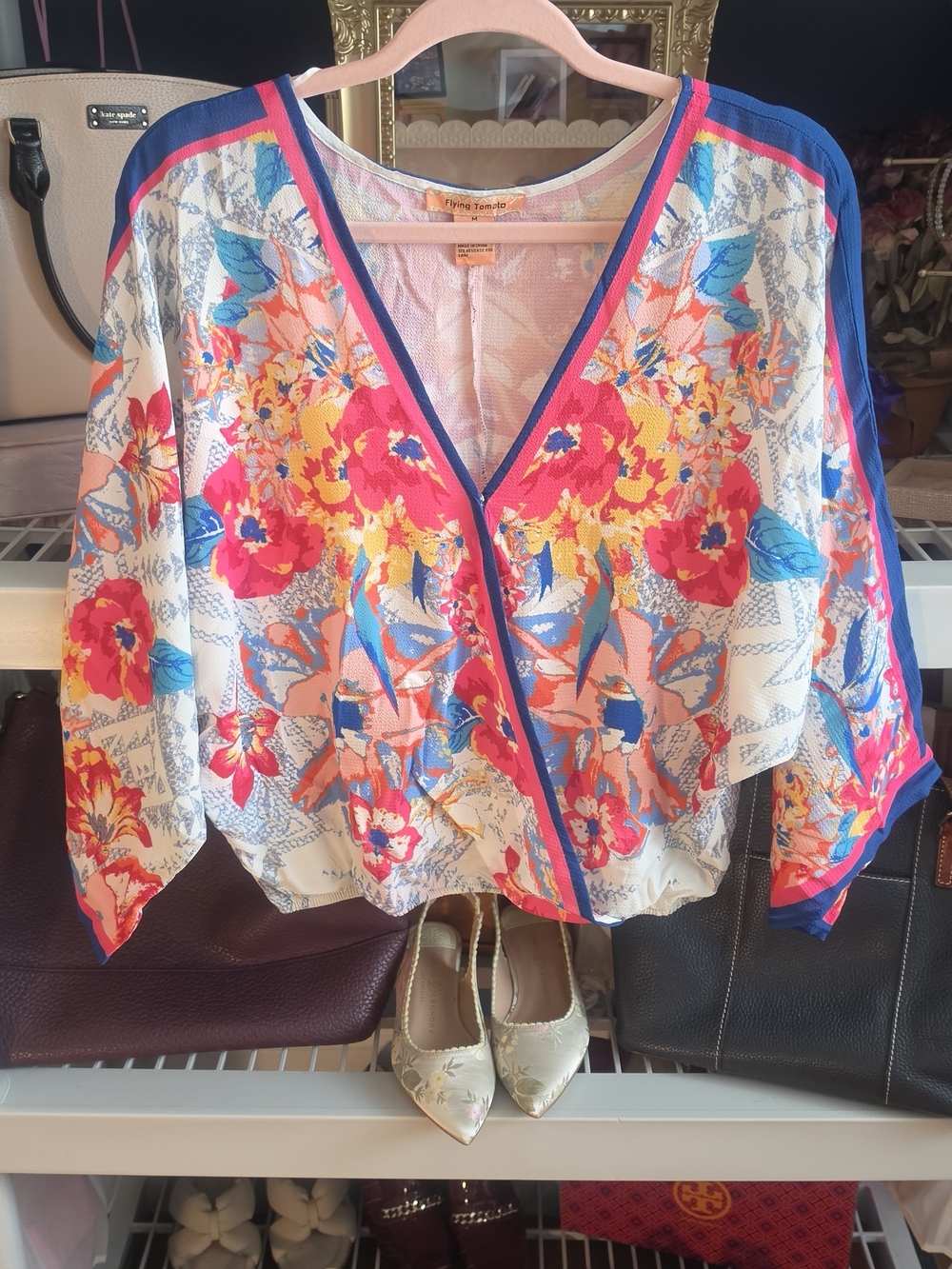 Flying Tomato Floral V-Neck Blouse in White, Pink & Blue